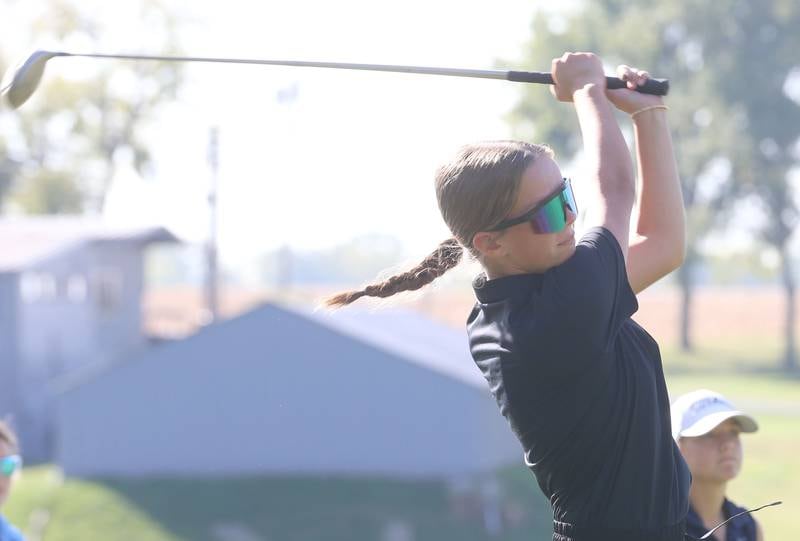 Henry-Senachwine's Allison Real tees off during the Class 1A Regionals on Tuesday, Sept. 30, 2025 at Spring Creek Golf Course in Spring Valley.
