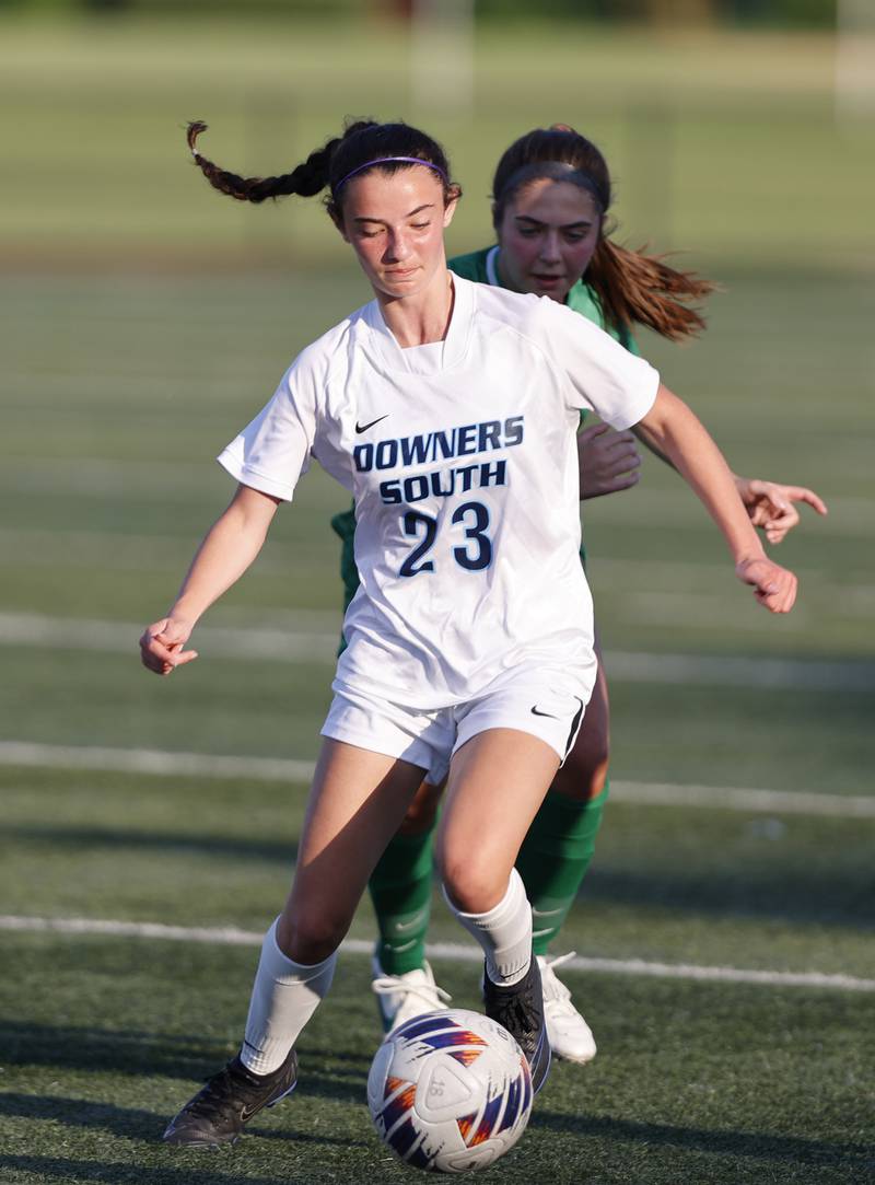 Downers Grove South's Gianna Lamb (23) tracks down the ball during the Class 3A Morton regional girls soccer final between Downers Grove South and York in Berwyn on Friday, May 17, 2024.