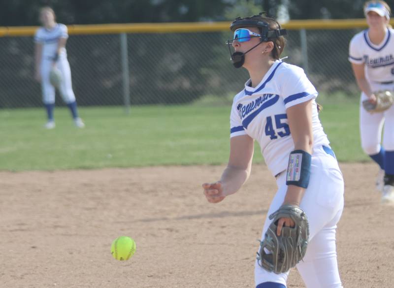 Newman's Gianna Vance lets go of a pitch to Bureau Valley on Monday, March 30, 2026 at Bureau Valley High School.