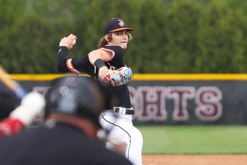 Lincoln-Way West’s Conor Essenburg delivers a pitch against Lincoln-Way Central on Monday, May 8, 2023 in New Lenox.