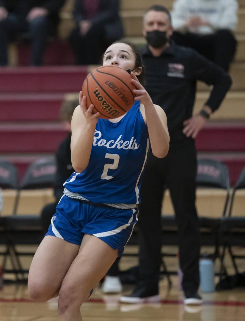 Burlington Central's Becca Carani shoots during their game against Huntley on Saturday, January 29, 2022 at Huntley High School. Huntley won 52-49.