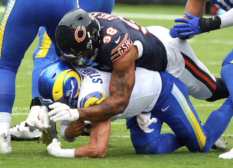 Chicago Bears defensive end Montez Sweat sacks Los Angeles Rams quarterback Matthew Stafford causing a fumble that leads the Bears first touchdown during their game Sunday, Sept. 29, 2024, at Soldier Field in Chicago.