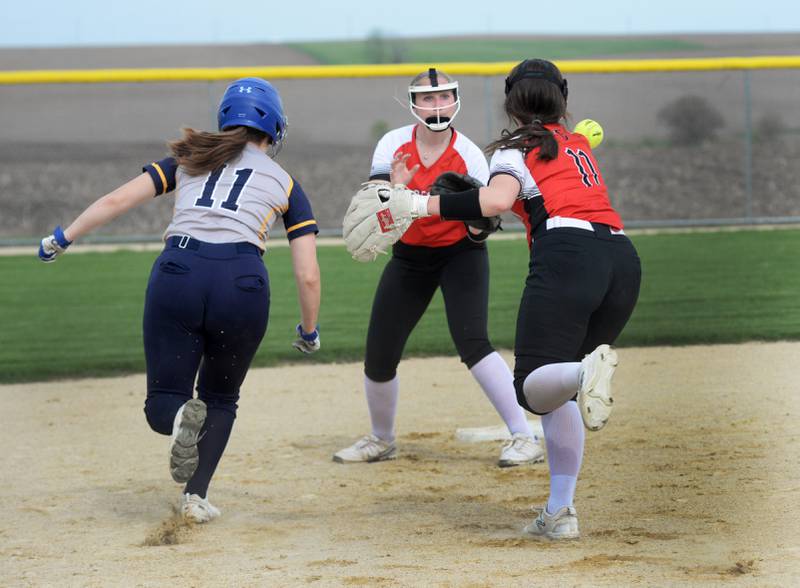 Forreston Bailey Sterling throws the ball to Nevaeh Houston as Polo's Allissa Marschang tries to get back to second base during a Thursday, May 2, 2024 at Forreston High School.