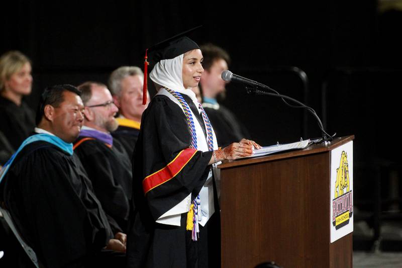 Batavia High School graduate Zahra Ahmad gives the Academic Recognition address during the school’s 2025 commencement ceremony on Wednesday, May 21, 2025 at Northern Illinois University in DeKalb.