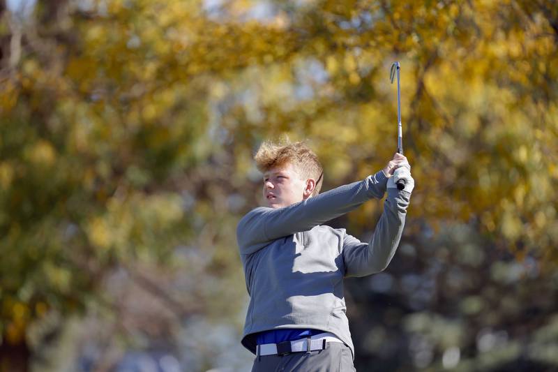 Nate Frost of Johnsburg tees off at the IHSA Class 2A Kaneland boys golf sectional  Monday, Oct. 7, 2024 at at Hughes Creek in Elburn.