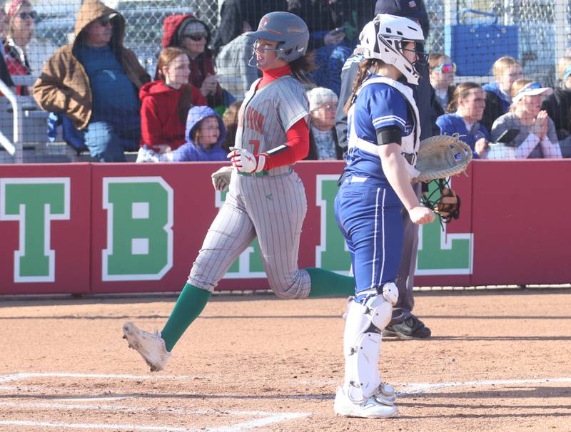 L-P's Callie Mertes scores a run against Princeton on Tuesday, March 25, 2025 at the L-P Athletic Complex in La Salle.
