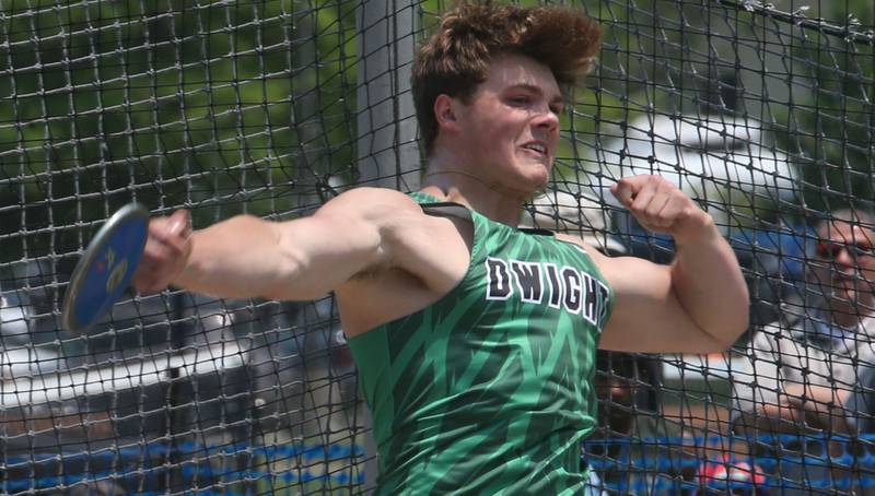 Dwight's Graham Meister throws discus during the IHSA Class 1A Boys Track & Field State Finals on Saturday, May 31, 2025 at Eastern Illinois University in Charleston.