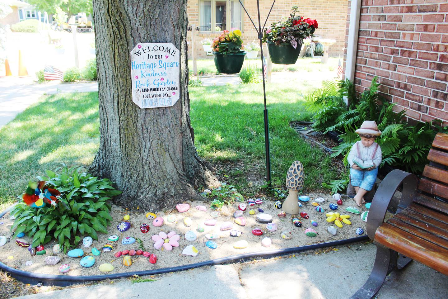 Kindness rocks at Heritage Square: A painted rock garden sits next to the patio, complete with positive messages and advice written on rocks for inspiration.