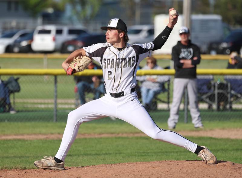 Sycamore's Ryker Rissman delivers a pitch Tuesday, April 28, 2026, during their game against Kaneland at the Sycamore Community Sports Complex.