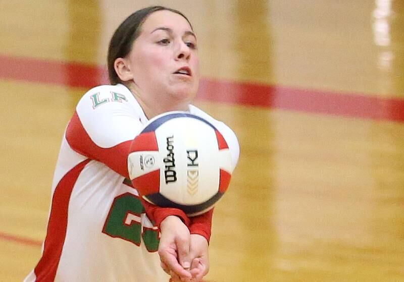 L-P's libero Marissa Sanchez makes a save against Princeton on Tuesday, Aug. 22, 2023 in Sellett Gymnasium.