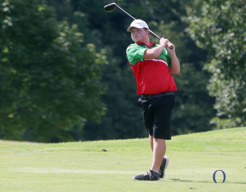 L-P's Coleman Rundle golfs during the L-P Cavalier Golf Invitational on Thursday, Aug. 18, 2022 at Seneca's Oak Ridge Golf Course in La Salle.