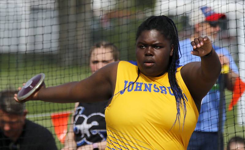 Johnsburg’s Stori Hurckes throws the discus on Thursday, April 23, 2026, during the McHenry County Track and Field Meet at McCracken Field in McHenry.