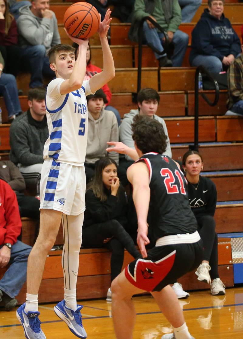 Princeton's Landen Koning shoots a jump shot over Hall's Jack Jablonski on Friday, Jan. 26, 2024 at Princeton High School.