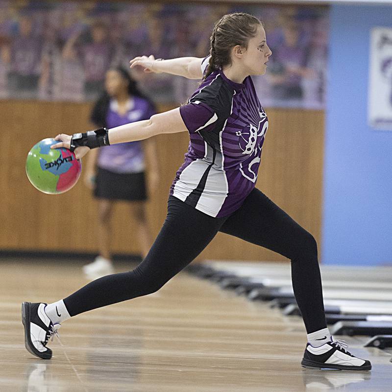 Dixon’s Madelyn Bird fires the ball Friday, Feb. 7, 2025, in the girls bowling regionals at Plum Hollow in Dixon.