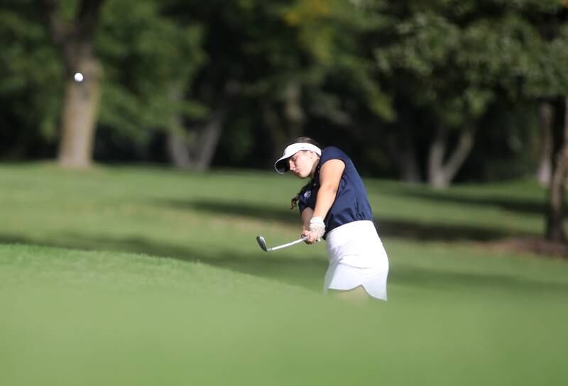 West Chicago’s Miranda Enochs hits onto the green during the Class 2A Glenbard North Regional girls golf meet at Bloomingdale Golf Club on Thursday, Sept. 28, 2023.
