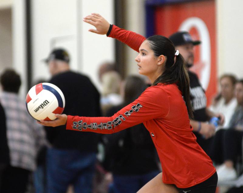 Erie-Prophetstown's Ashlyn Johnson serves during the third place match at the Oregon Varsity Girls Volleyball Tournament on Saturday, Sept. 6, 2025 at the Blackhawk Center in Oregon.