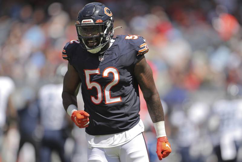 Chicago Bears linebacker Terrell Lewis reacts as he walks back to the sideline during the second half against the Tennessee Titans, Saturday, Aug. 12, 2023, in Chicago.