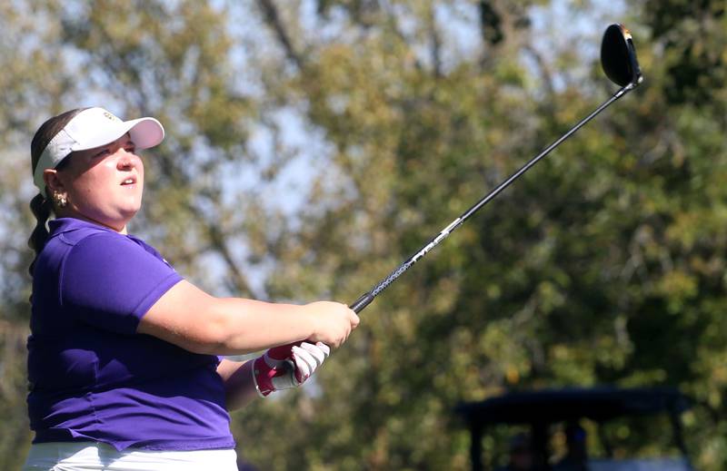 Mendota's Ashlynn Rickels tees off during the Class 1A Regionals on Tuesday, Sept. 30, 2025 at Spring Creek Golf Course in Spring Valley.