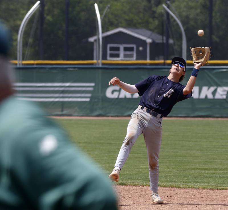 Cary-Grove's Ricky Barnes catches the final out during the IHSA Class 3A Grayslake Central Sectional Championship baseball game against Crystal Lake South on Saturday, June 7, 2025, at Grayslake Central High School.