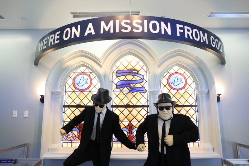 Statues of Jake and Elwood Blues of the movie Blues Brothers sits in the lobby of the Joliet Area Historical Museum. Saturday, June 19, 2022 in Joliet.