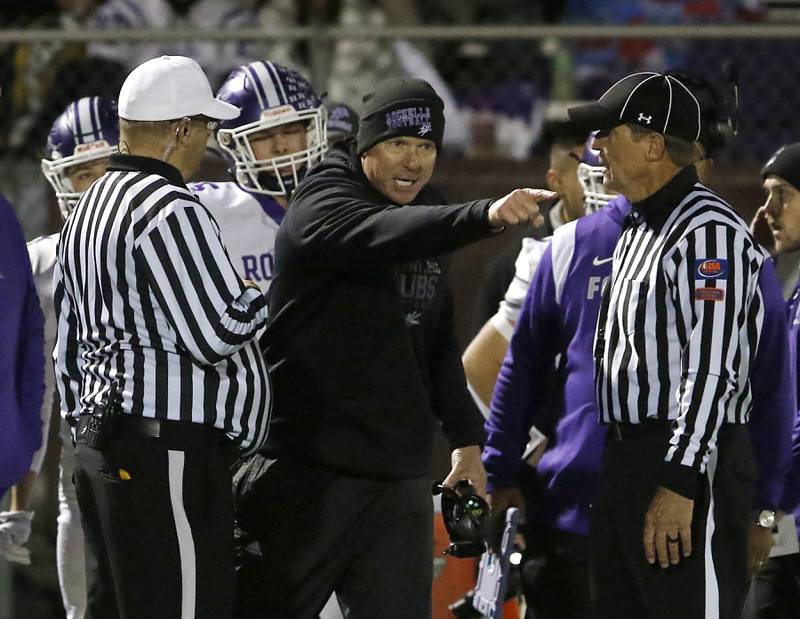 Rochelle Head Coach Kyle Kissack argues a flag during a Kishwaukee River Conference football game against Richmond-Burton on Friday, Oct.20, 2023, at Richmond-Burton High School.