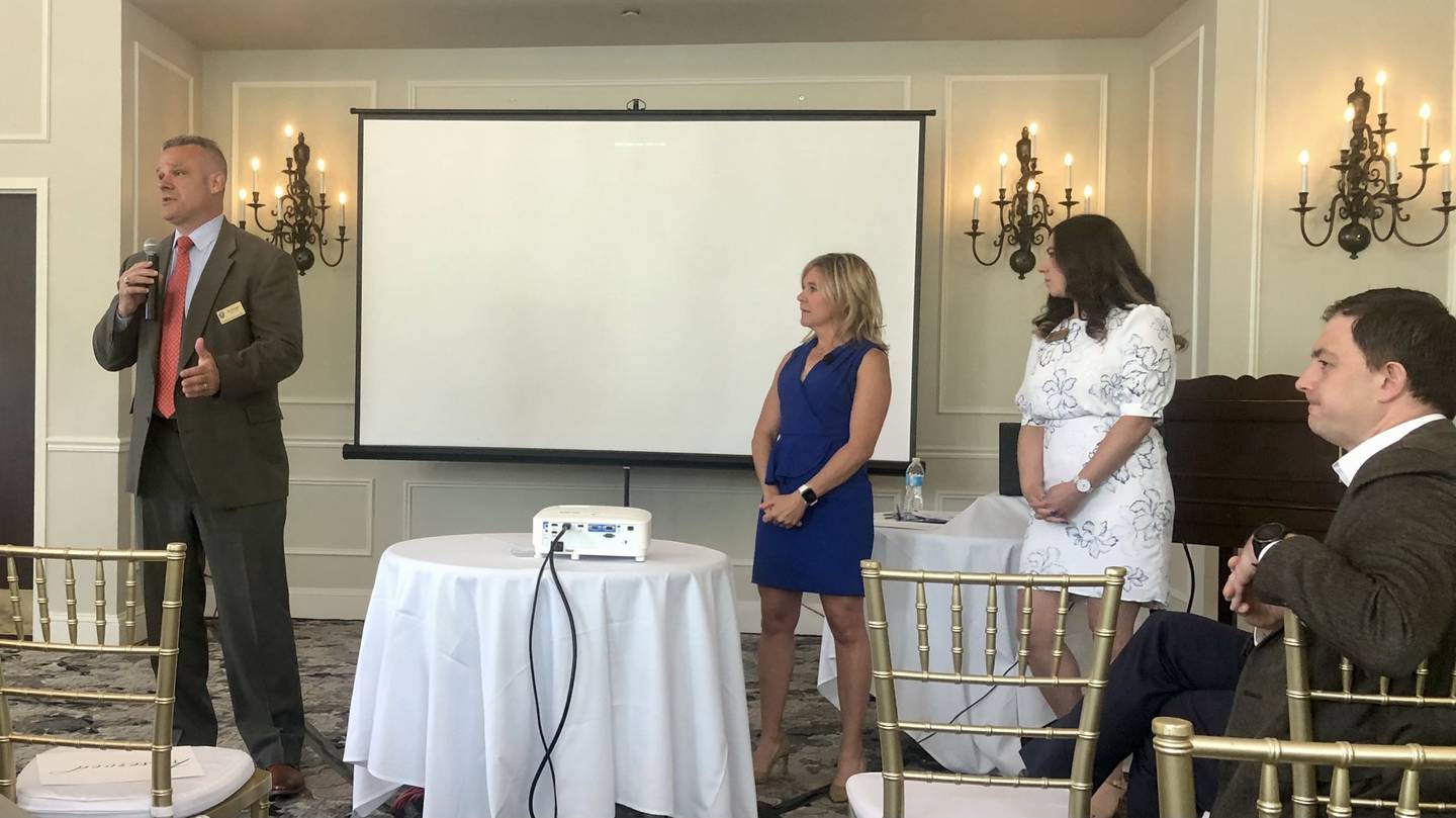 (From left) St. Charles Police Chief James Keegan, Mayor Lora Vitek, City Administrator Heather McGuire and economic development director Derek Conley field questions from the audience at the State of the City event on May 16, 2024, at the Royal Fox Country Club in St. Charles.