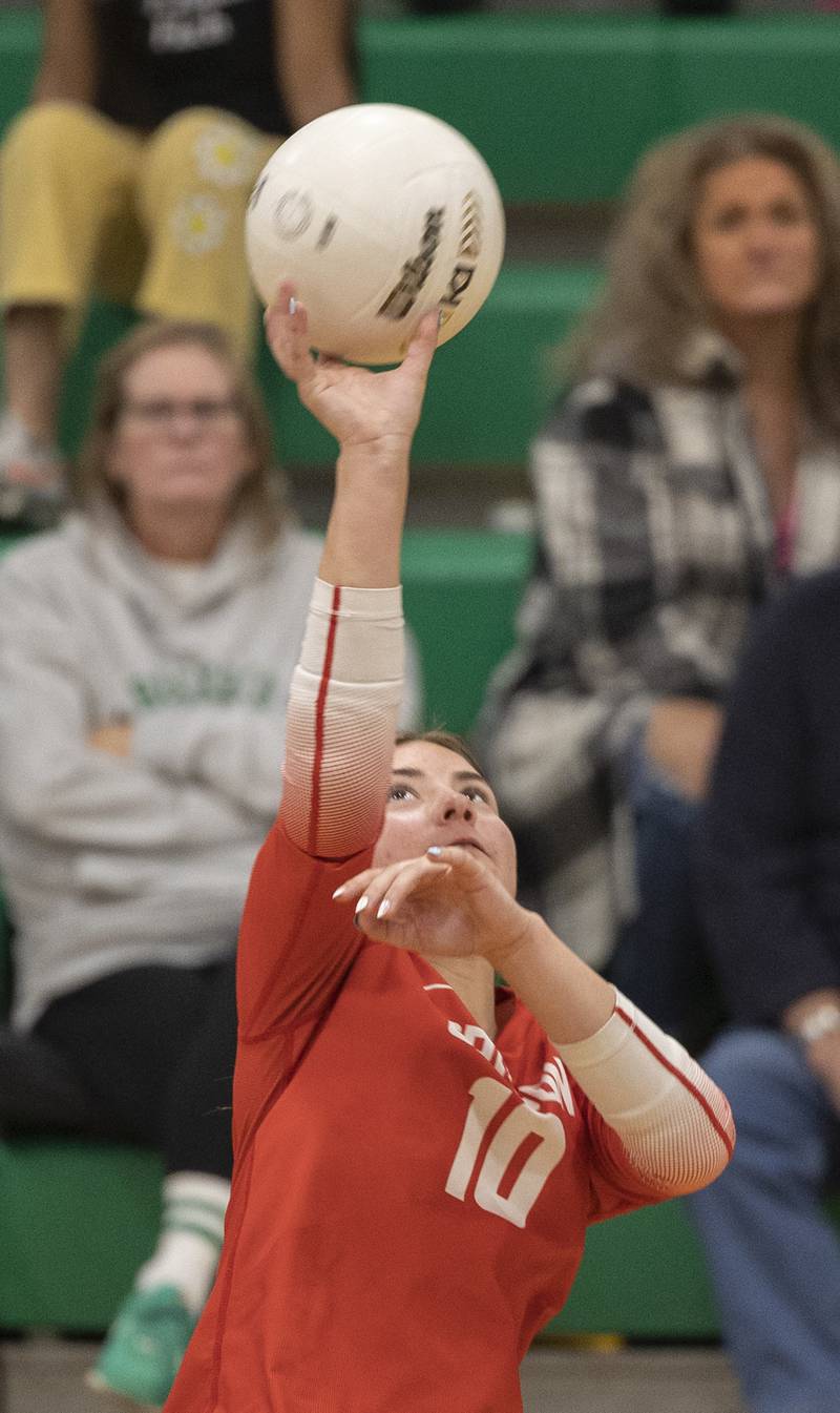 Oregon’s Addi Rufer makes a pass against Rock Falls Wednesday, Oct. 22, 2025.