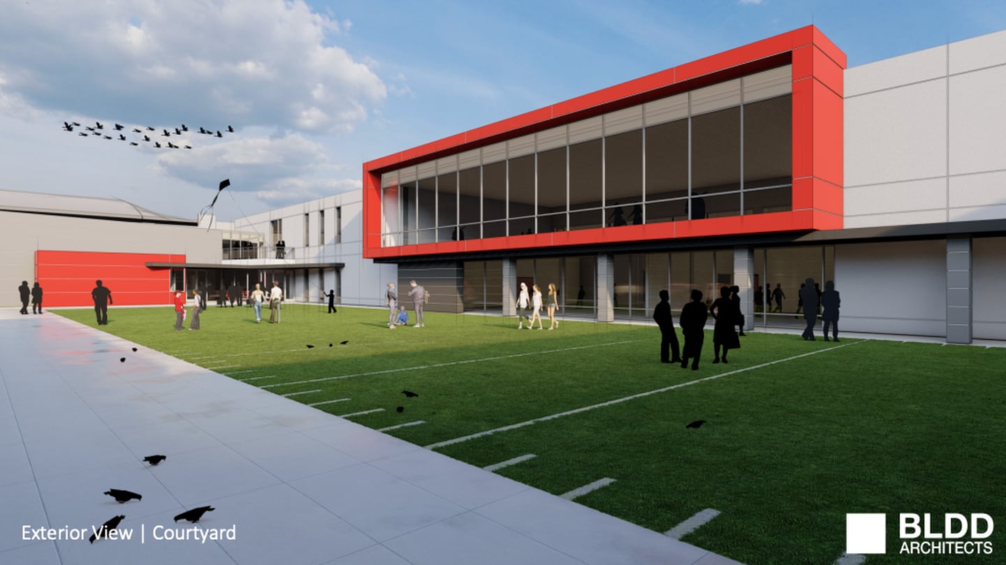 A rendering from BLDD Architects shows what the exterior view of the courtyard would look like connecting a proposed addition to BBCHS.