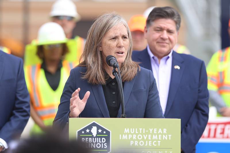 IDOT Secretary of Transportation Gia Biagi speaks at the construction kickoff for the new Interstate 80 Des Plaines River bridges as Governor JB Pritzker listens on Friday, May 20, 2026 in Joliet.