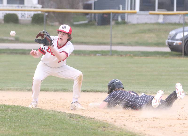 Streator's Blaize Bressner catches a late throw to second base as Hall's Max Bryant steals the base on Wednesday, March 13, 2024 at Kirby Park in Spring Valley.