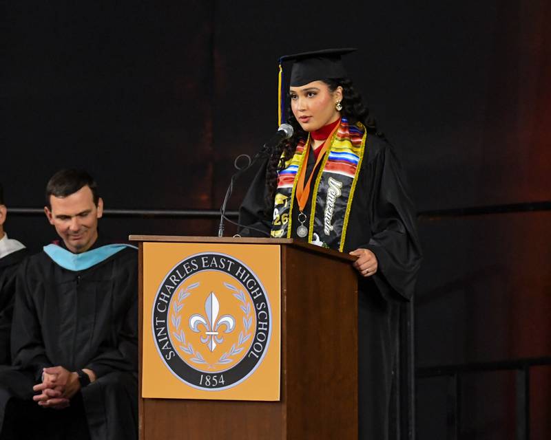 St. Charles East student Grecia Piocuda Ramones speaks during graduation on Monday, May 18, 2026, held at the Convocation Center in DeKalb.