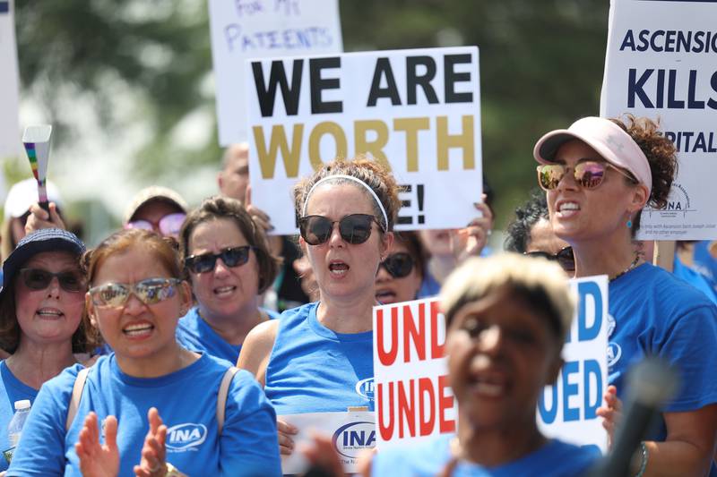 Nurses and supporters chant while picketing outside Ascension Saint Joseph-Joliet hospital on the first day of a two day strike, followed by a two day lockout on Tuesday, Aug. 22, 2023.