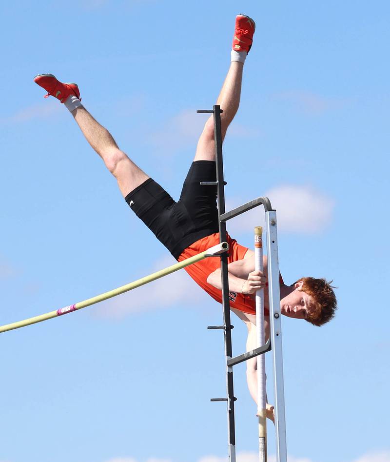 Sandwich’s Jacob Ross clears the bar in the pole vault Wednesday, May 20, 2026, during the Class 2A boys track sectional at Rochelle High School.