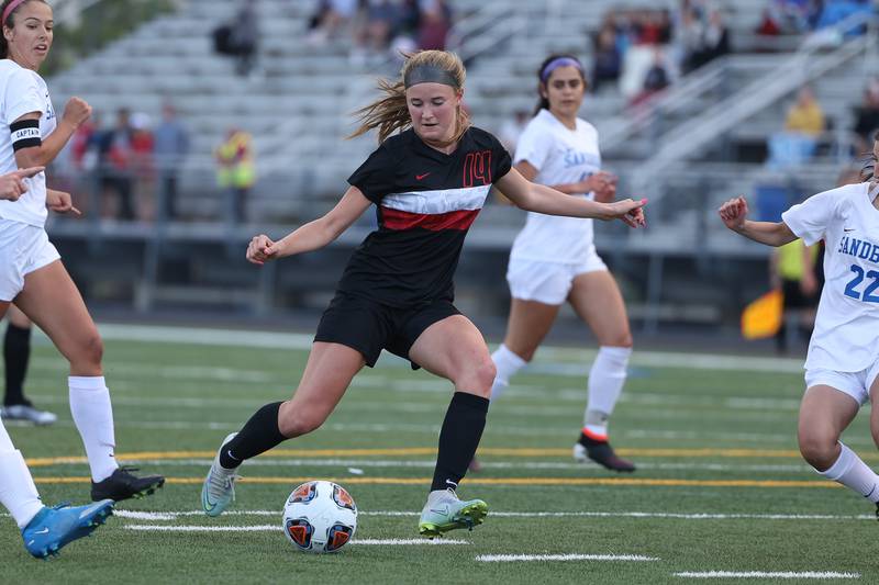 Lincoln-Way Central’s Madi Watt takes a shot against Sandburg in the Class 3A Sandburg Sectional title game. Friday, May 27 2022, in Orland Park.
