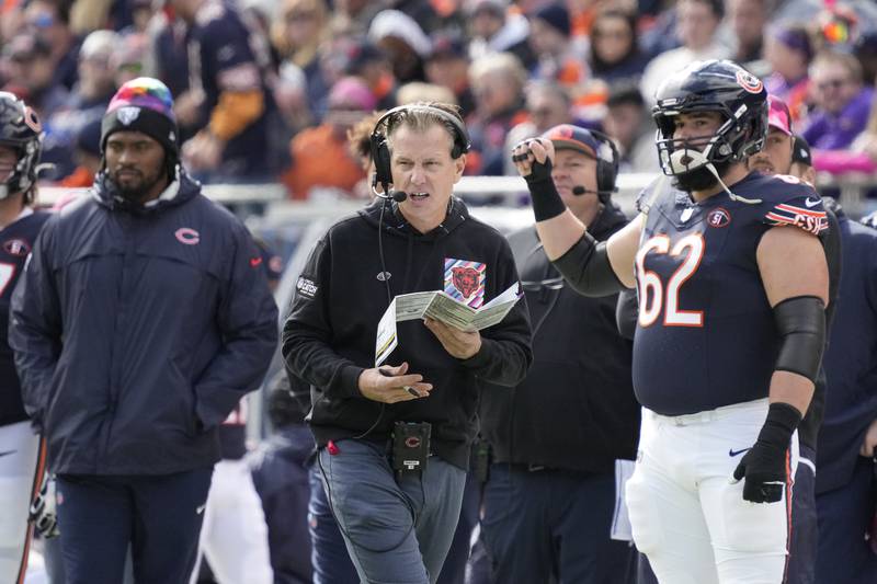 Chicago Bears head coach Matt Eberflus watches from the sideline during the first half against the Minnesota Vikings, Sunday, Oct. 15, 2023, in Chicago.