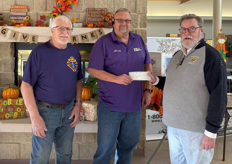 The Mendota Knights of Columbus contributed $1,000 to Mendota Area Senior Services. Pictured are (from left) Knights of Columbus treasurer Mike Schultz, Gary Stevens representing MASS and Brian Corrigan, grand knight of the Knights of Columbus.