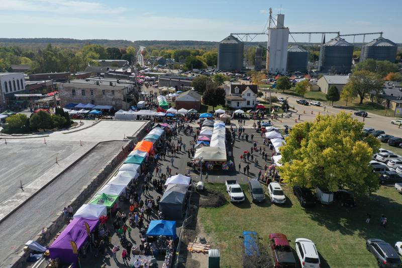 An aerial view of vendors and crowd during the 54th annual Burgoo festival on Sunday, Oct. 13, 2024 downtown Utica.