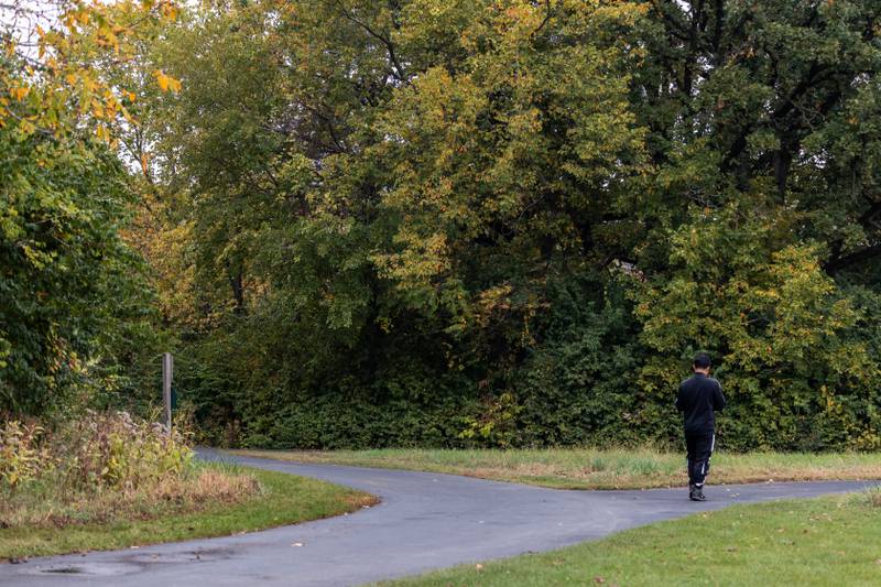 A visitor walks the path at Hammel Woods in Shorewood on Oct. 15, 2025.
