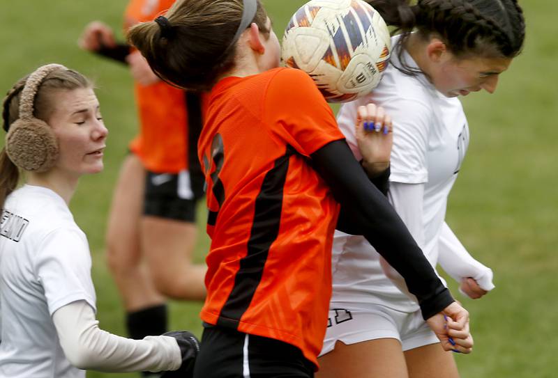 Crystal Lake Central's Jordin Gaunaurd and Kaneland's Corinne Faivre tries to gan control of the ball during a nonconference soccer game on Thursday, April 10, 2025, at Crystal Lake Central High School.