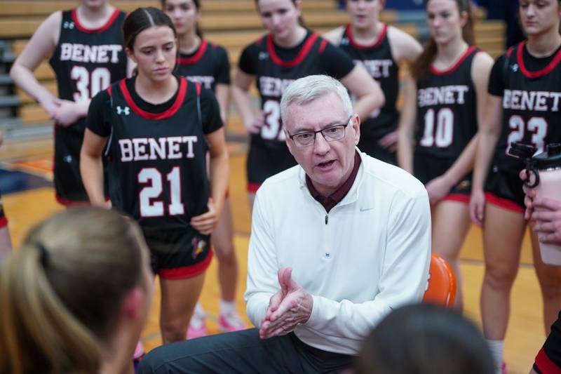Benet’s head coach Joe Kilbride talks to his players during a Class 4A Oswego Sectional final basketball game against Waubonsie Valley at Oswego High School on Thursday, Feb 22, 2024.