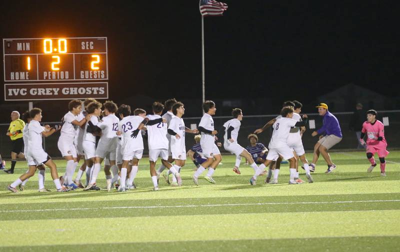 Members of the Mendota soccer team celebrate after defeating Peoria Christian during the Class 1A Sectional game on Wednesday, Oct. 30, 2024 at Chillicothe High School.