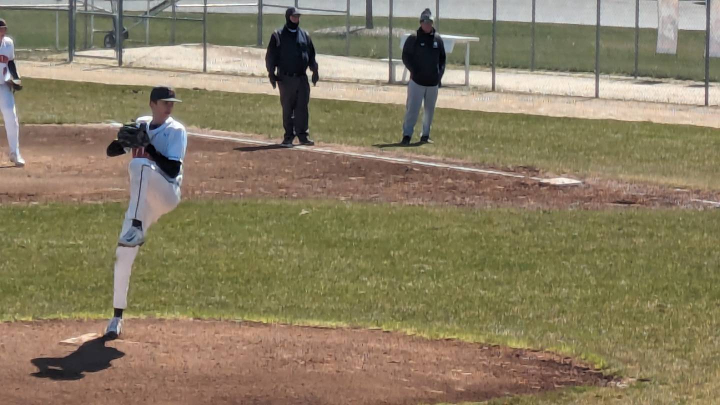 DeKalb starter Jackson Kees delivers a pitch in the Barbs' 2-1 win against Kaneland on Saturday, April 6, 2024.