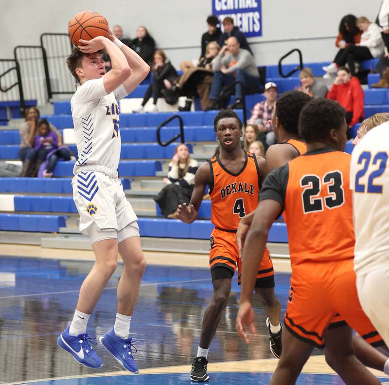 Lyons Township's Jimmy Pajauskas pulls up for a jumper Monday, Jan. 15, 2023, during their game against DeKalb in the Burlington Central Martin Luther King Jr. boys basketball tournament.