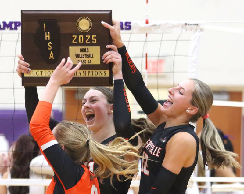 Libertyville’s Wildcats celebrate a two-set win in an IHSA volleyball Class 4A Sectional Championship at Hampshire High School in Hampshire on Thursday, November 6, 2025.
