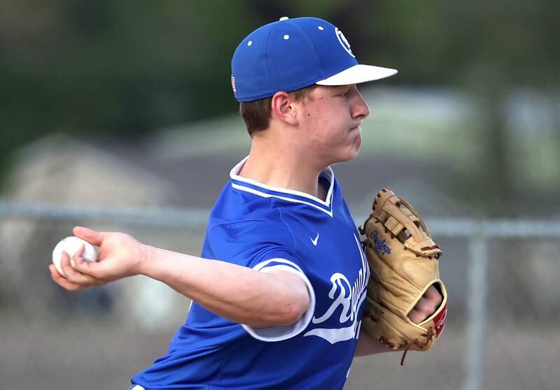 Hinckley-Big Rock's Luke Badal delivers a pitch during their game against Indian Creek Monday, April 29, 2024, at Indian Creek High School.