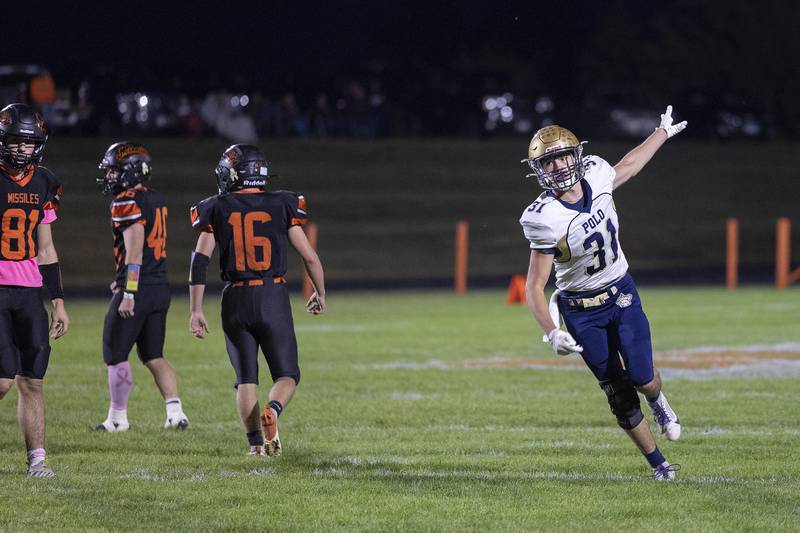 Polo’s Noah Dewey celebrates a first down against Milledgeville Friday, Oct. 4, 2024, at Milledgeville High School.