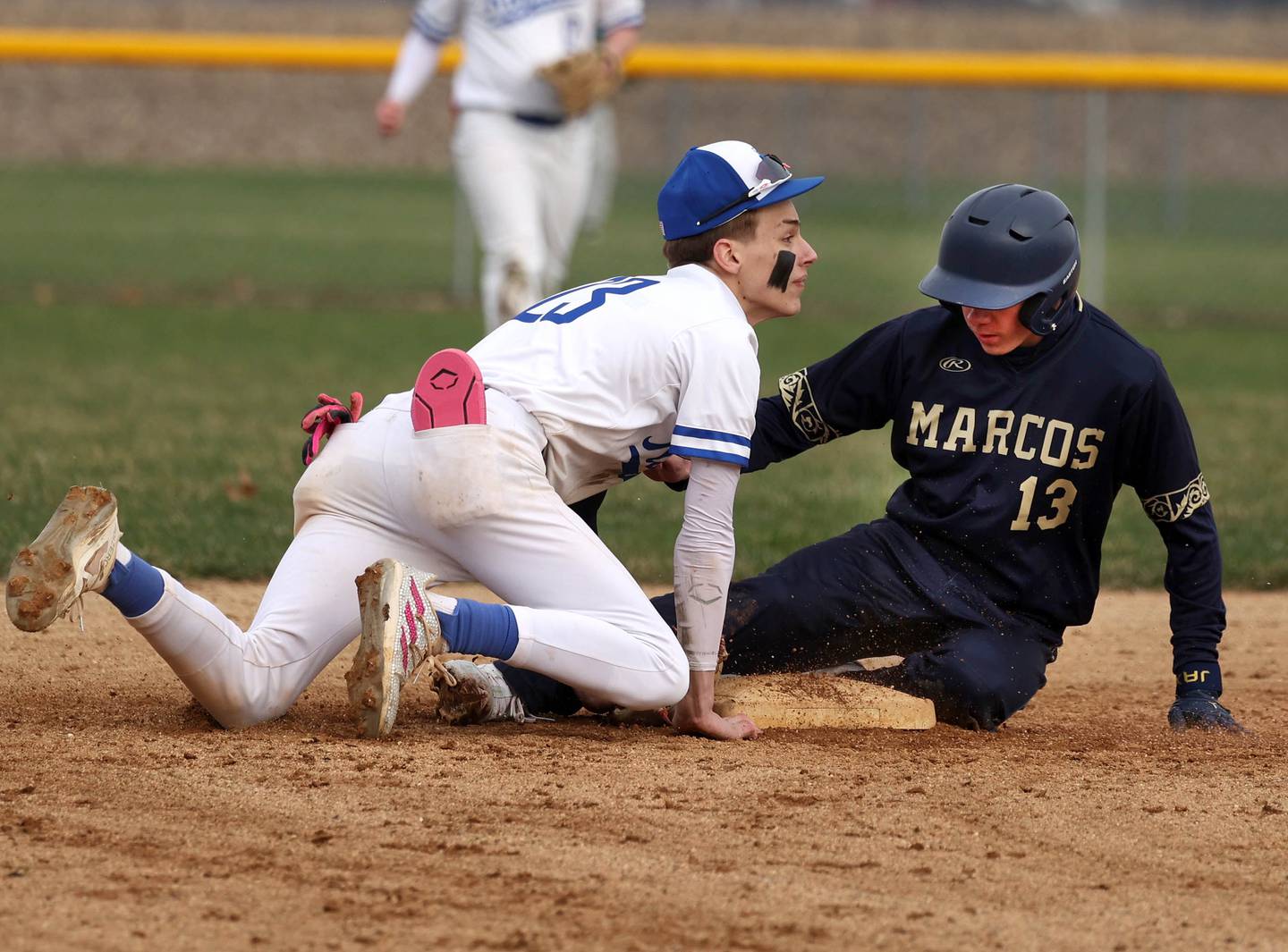 Hinckley-Big Rock’s Skyler Janeski tries to beat a Polo baserunner to the bag for a force out during their game Thursday, April 3, 2025, at Hinckley-Big Rock High School.