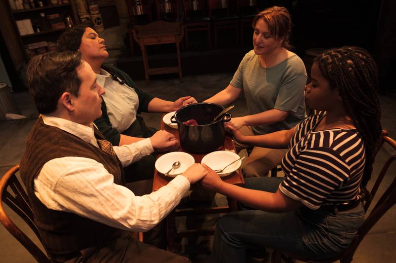 (clockwise from bottom left) Ben Veatch, Brittney Brown, Anne Sheridan Smith, Amber Washington in "The Kelly Girls" at The Factory Theater.