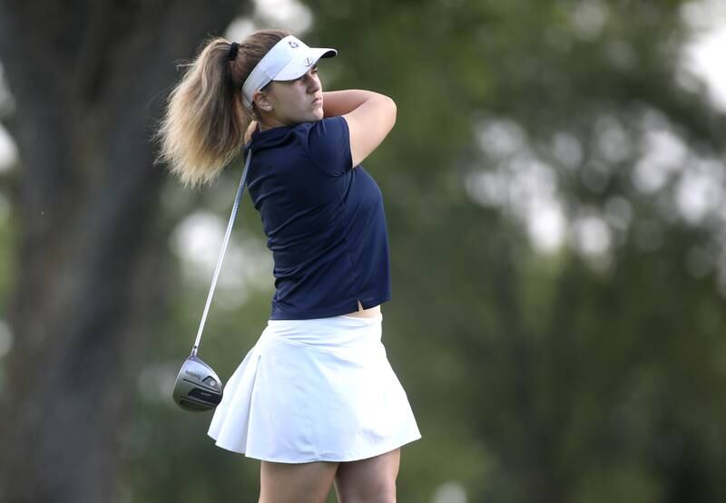 West Chicago’s Jayna Vock tees off during the Class 2A Glenbard North Regional girls golf meet at Bloomingdale Golf Club on Thursday, Sept. 28, 2023.