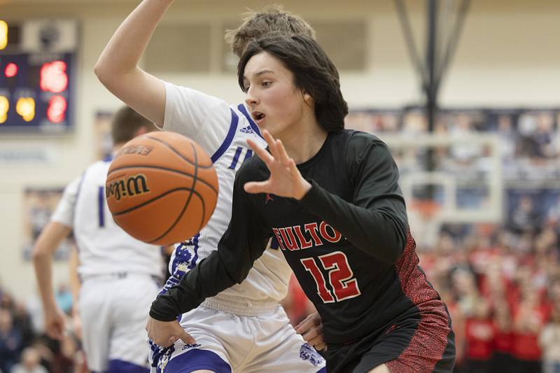 Fulton’s Braeden Brennan drives the baseline against Pecatonica during a class 1A sectional semifinal Wednesday, Feb. 28, 2024 at River Ridge High School.